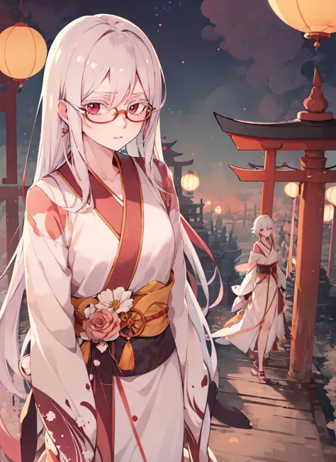 ((best quality)), ((highly detailed)), masterpiece, absurdres, detailed face, beautiful face, (detailed eyes, deep eyes), (1girl), (glasses), from above, bird's-eye view, upper body, albino, white hair, ((very long hair)), red eyes, <lora:whiteeyelash:1.5>, eyelashes, very pale skin, <lora:skinnyv2:1>, skinny, (long legs), (outdoors, at a Japanese temple, torii, paper lanterns, dusk, shooting star), <lora:pastel_illustrationV02:1>, pastel llustration