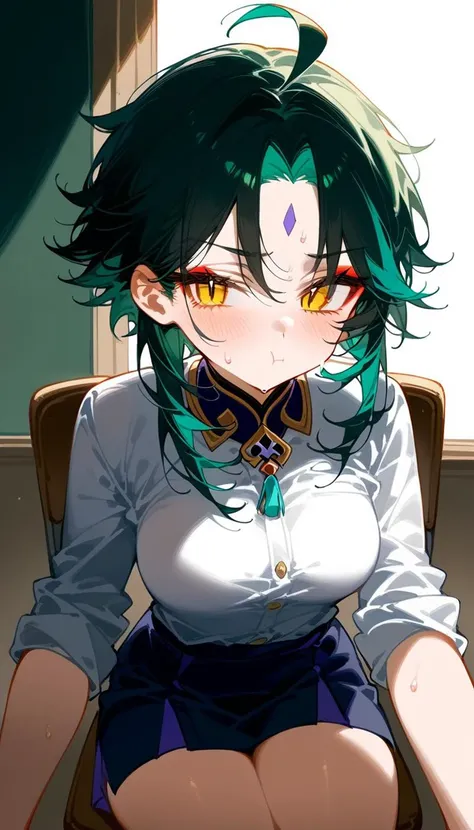 anime girl with green hair sitting on a chair in a room