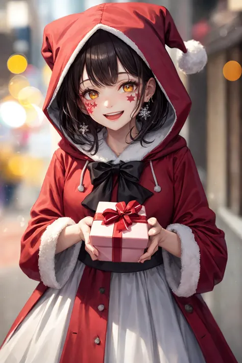 a close up of a person holding a gift in a city