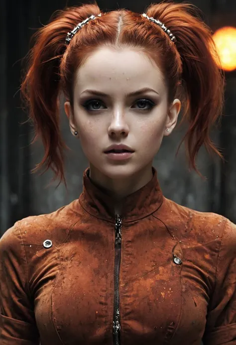 a close up of a woman with red hair and a brown jacket