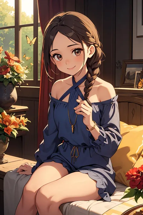 anime girl sitting on a bed with a blue dress and a necklace