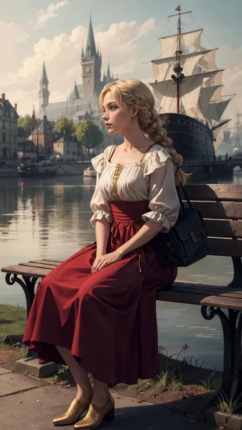 fantasy world, fantasy castle in background,  large pirate ship, (masterpiece, high quality, best quality:1.3), full body shot, looking off in the distance, sitting on stone bench, bench made of stone, fantasy medieval docks background, thoughtful, elegant, surreal, blonde woman, Anita Briem, blonde hair, thick braid, bangs, (red dream frock:1.1), gold embroidery, long skirt, neat shoes, worn leather duffel sack on bench, realistic lighting, bloom, longing atmosphere,