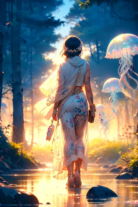 a woman walking through a forest with jellyfishs floating in the water