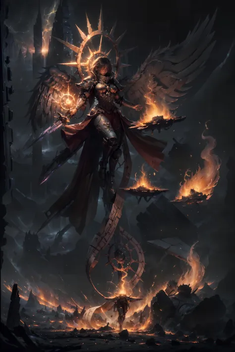 a demonic angel with a sword and fire in his hands