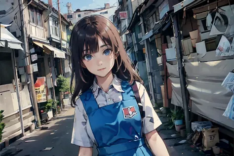 anime girl in blue dress walking down a narrow alley way