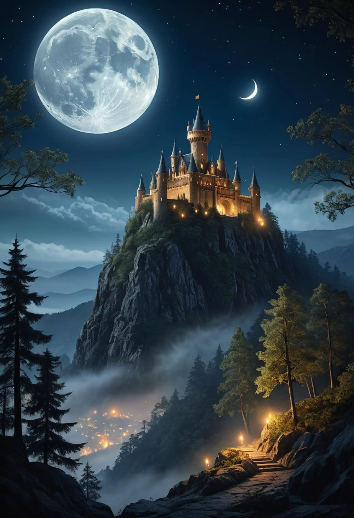 一座坐落在山上的城堡，周围环绕着树木, 有雾, 黑夜, 月亮和晴朗的天空,雄伟,萤火虫 ,星尘 (杰作),((极其详细)), (高度详细的 CG 插图),(面无表情), (最好的质量:1.2), 高品质纹理, 复杂的细节, 细致的纹理, 高品质阴影