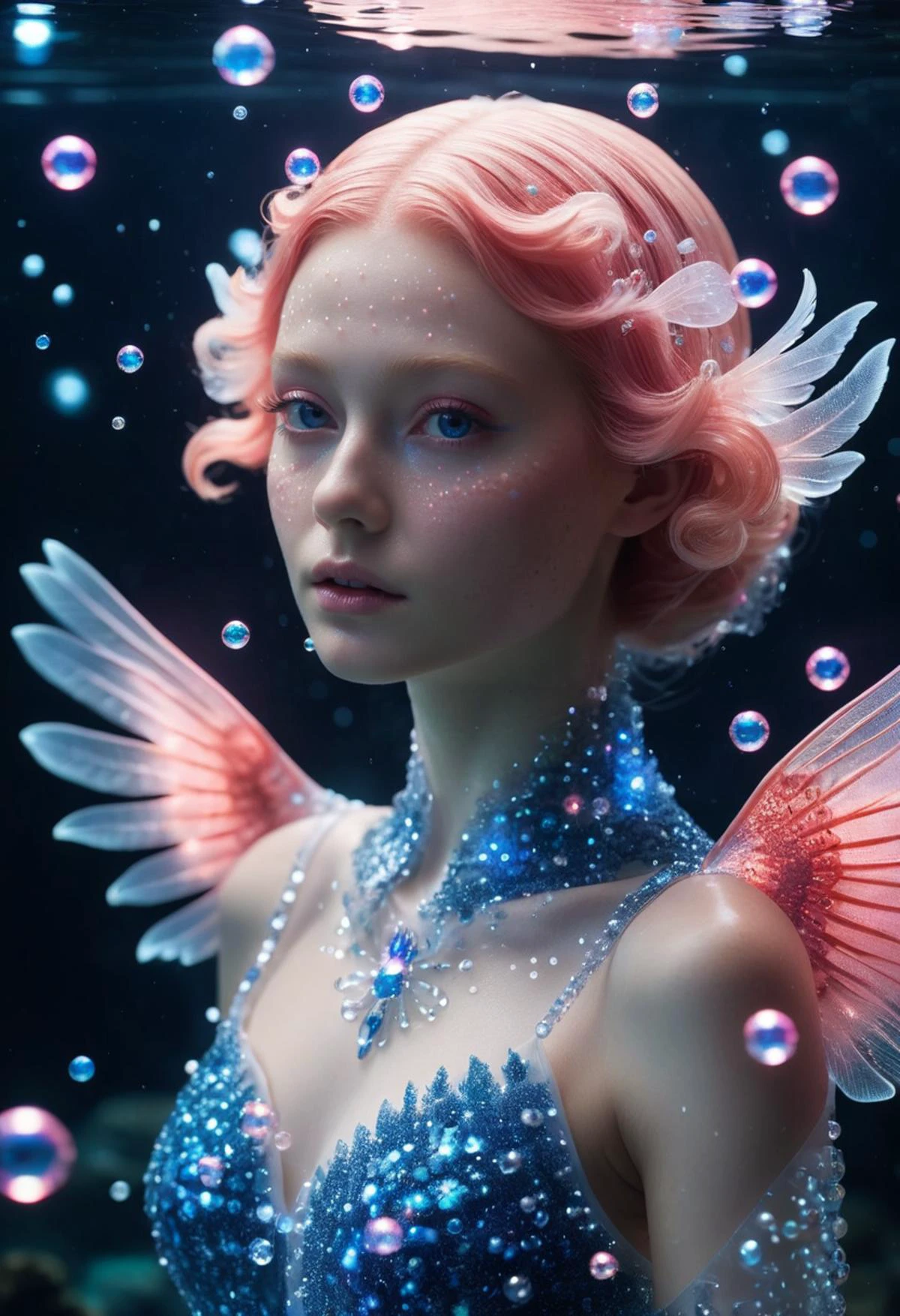 Une créature corallienne, peau transparente et éclatante, portrait en gros plan,  ailes,avec des particules scintillantes bleues et roses scintillant autour de son corps, Bulles,  sous l&#39;eau, mystérieux et esthétiquement beau,élégant,fantastique, madoka ultime