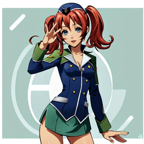 Fran Seeker, constituição atlética, cintura fina, (caça-níqueis:1.1), olhos azuis, pequeno_seios, cabelo vermelho, twintails, boné de guarnição, uniforme, terno, (minissaia verde:1.1), mão aberta, 