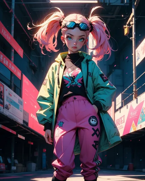 ((best quality)),  ((masterpiece)),  (detailed),  female ((perfect face)),  full body pose,  streetwear,  hot pink,  teal,  dark...