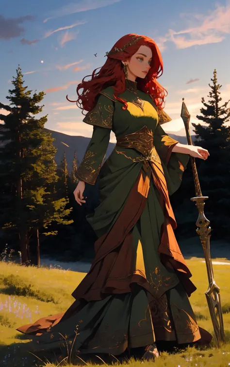 outdoor Scottish highlands, vivid sunset hues, fantasy setting. A striking redhead woman, (distinctly Scottish), wearing an elaborate elven inspired gown is a fusion of deep emerald green and earthy browns, with intricate Celtic knotwork embroidery in gold thread, Flowing sleeves, a fitted bodice+, short skirt , fiery red hair is styled in a cascade of loose curls, green eye, stands atop a grassy knoll, overlooking a misty loch. In her hands, she holds an ancient, rune carved staff, emanating a soft, other worldly glow., (Wide Angle full body Shot full length Cinematic:1.8),(Layered Depth, Parallax Effect, Soft focus foreground, Painted Scenery:1.4),