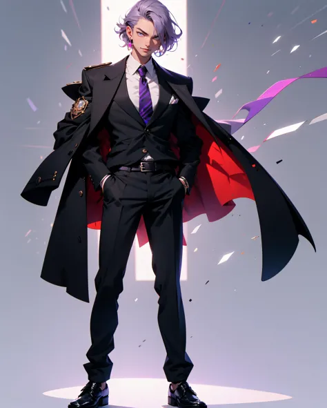 solo, 1boy, shirt, male focus, streaked hair, virtual youtuber, full body, pants, multicolored hair, purple eyes, belt, white background, purple hair, jacket, black footwear, vest, black pants, looking at viewer, collared shirt, black jacket, hand in pocket, standing, purple shirt, background, long sleeves, grey hair, jewelry, ring, smile, buckle, necktie, formal, shoes, belt buckle, open clothes, buttons, black belt, closed mouth, suit, open jacket, hand up, lapels, black vest, earrings