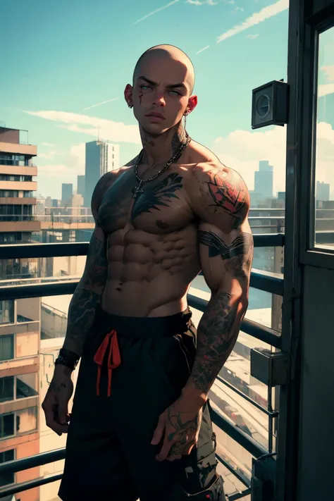 bara man, dirty, grungy, handsome chav skinhead, tattoos, shirtless, track pants, sneakers, high rise balcony, brutalism, urban, HDR, atmospheric, dark, looking at viewer, intricate detail