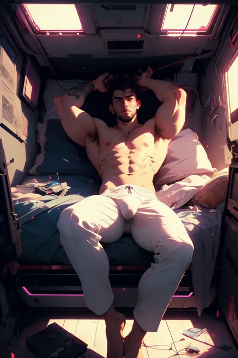 (masterpiece), (top quality), (high quality), (official art), (beautiful), (aesthetic), (extremely detailed), 8k, RAW, bara man, hard nipples, feet focus, lie on back, bed, legs spread apart, white transparent panty, white underwear, (cyberpunk), sweaty, r...