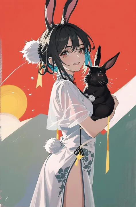 <lora:da2-000110:1>
(strong lighting:1.2),(dramatic angle:1.5),, 
2girl,(a girl,Happy,Smug,Smirk,smile,close mouth,((black rabbit ears)),short hair, Animal ears ,cowboy shot,Floating hair,black hair,red eyes,chinese clothes),(another girl,silver hair,red e...