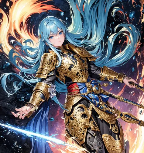 a woman with blue hair and a sword in front of a fire