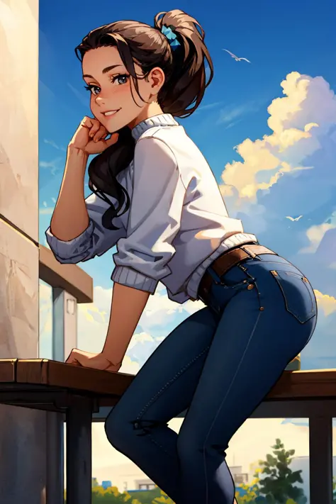 masterpiece, best quality, judith, ponytail, hair over shoulder, white sweater, jeans, leaning forward, from below, smile, sky, ...