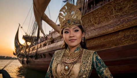 Majestuosa fotografía de cuerpo entero de Dyah Gitarja de pie frente a un barco javanés, Su majestuosa presencia contrasta con las intrincadas tallas del barco y las velas ondeantes., Iluminado por la luz dorada del amanecer, Capturado desde un orgulloso ángulo frontal, Simboliza el poder marítimo y el patrimonio cultural . fotografía de 35 mm, película, bokeh, Profesional, Fotografiado por vanessa winship, 4k, muy detallado