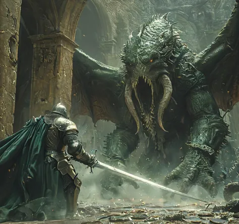 cinematic still A bizarre clash between a knight and the eldritch horror, Cthulhu, within the confines of a medieval monastery. ...