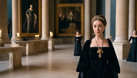 Regal Portrait Photo of Catherine de Medici draped in a sumptuous black gown, standing in the opulent halls of the Louvre, illum...