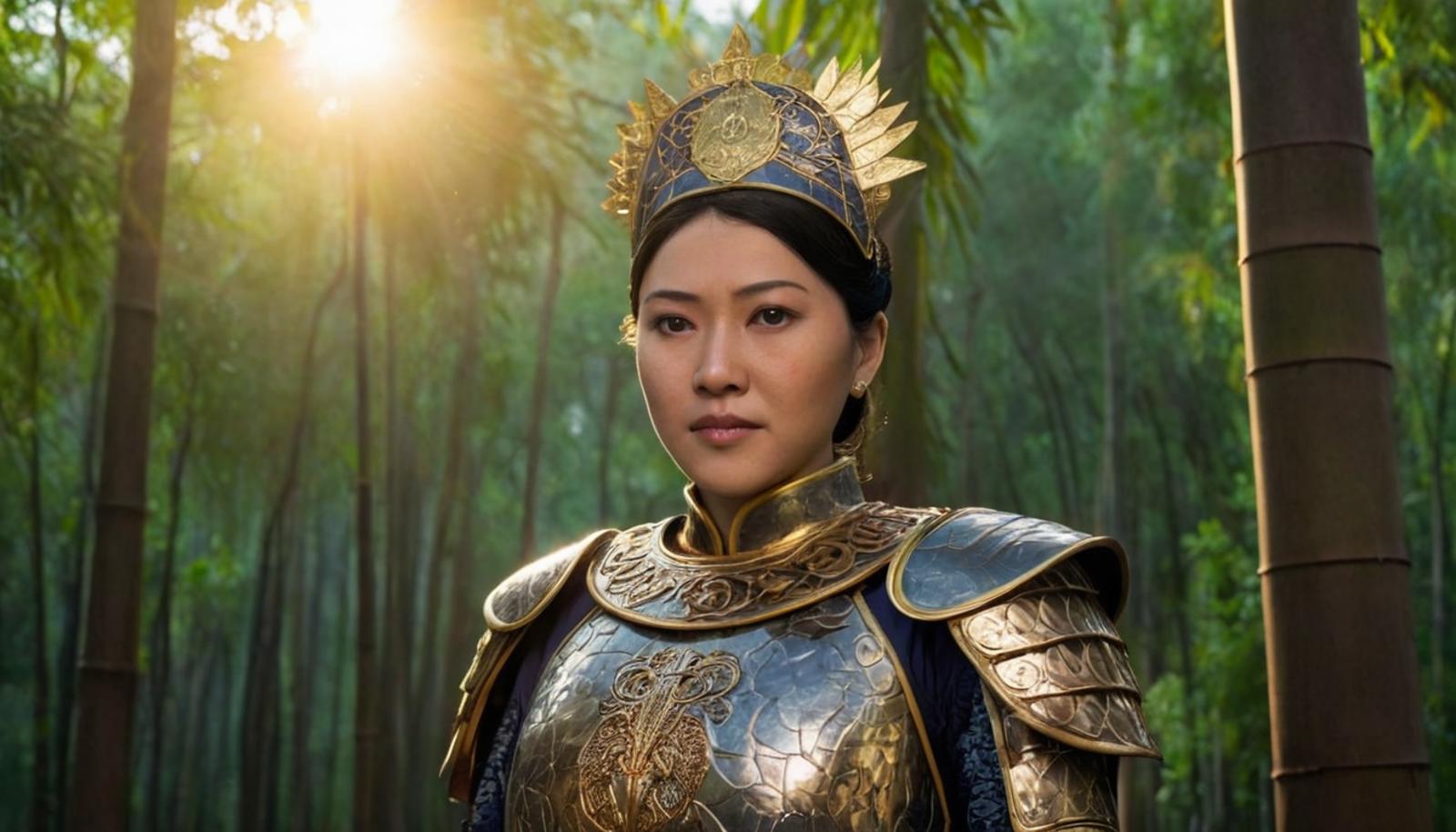 A beautiful guan yu woman, black hair, huge weapon, skimpy gold armour -  SeaArt AI