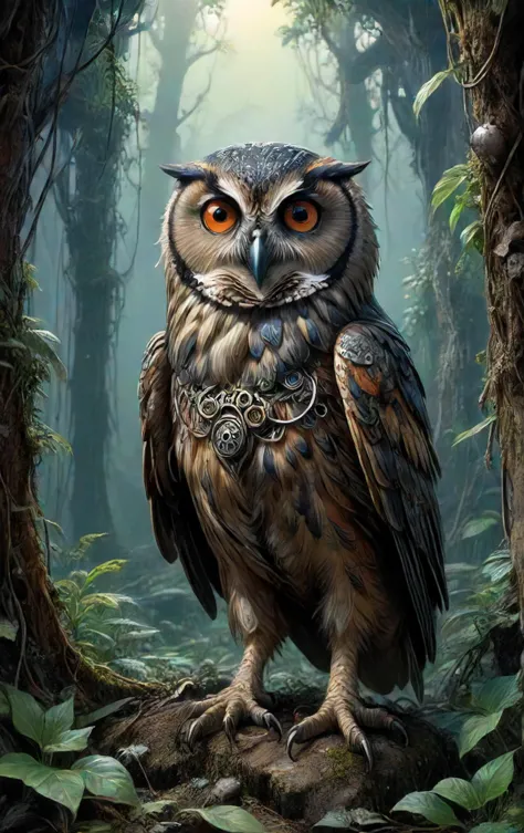 an owl with orange eyes standing on a rock in the woods