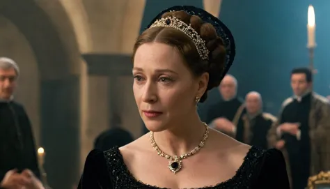 cinematic film still As Queen Mother of France, Catherine de' Medici is adorned in a stately black gown that befits her somber y...