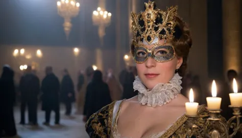 Enigmatic Full Body Portrait Photo of Catherine de Medici, the Renaissance queen, at a lavish masked ball in the opulent halls o...