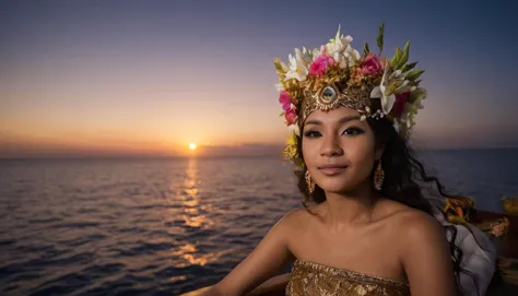 Mythical Full Body Portrait Photo of Dyah Gitarja aboard her Javanese ship, wearing a flower and a majestic crown in her hair, e...