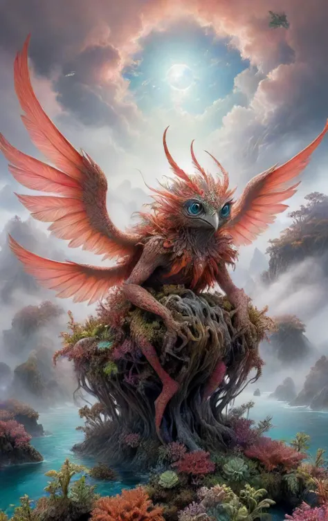 outside, Medium Close Up,famous artwork (by ralph horsley:1.2), detailed expressive eyes, fantasy style, (fractal art:0.9), this ethereal creature, the berzerk gumploobus with its pizzled feathery wings is well camouflaged amidst the foggy downhippered (floating islands and sky-reefs:1.4) of the (exotic planet:1.2) cloudsinger ,island domicile in coral reef biome, noon