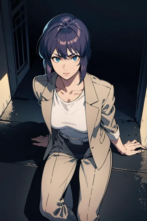 a woman in a suit and white shirt standing in a dark room