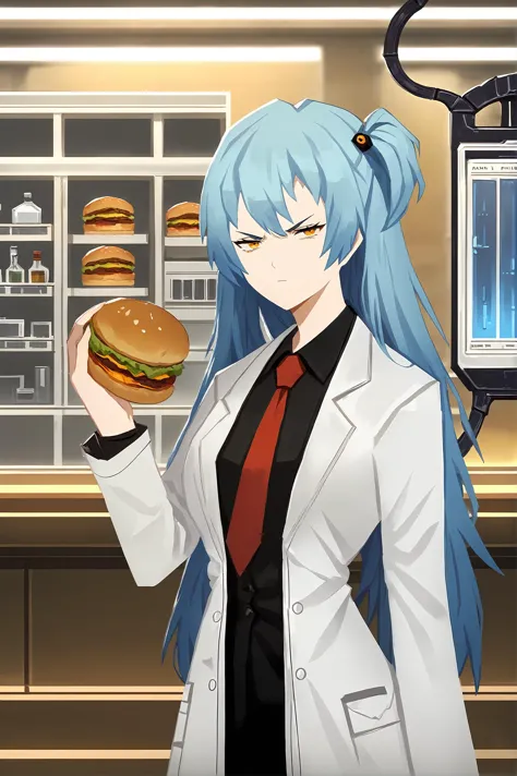 anime character holding a hamburger in a restaurant with a computer in the background