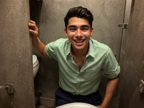 arafed man in a green shirt sitting on a toilet in a bathroom