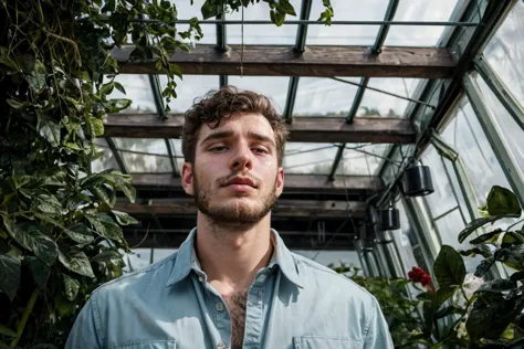 arafed man in a blue shirt standing in a greenhouse