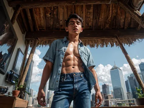 arafed man in jeans and a denim shirt standing in front of a wooden structure