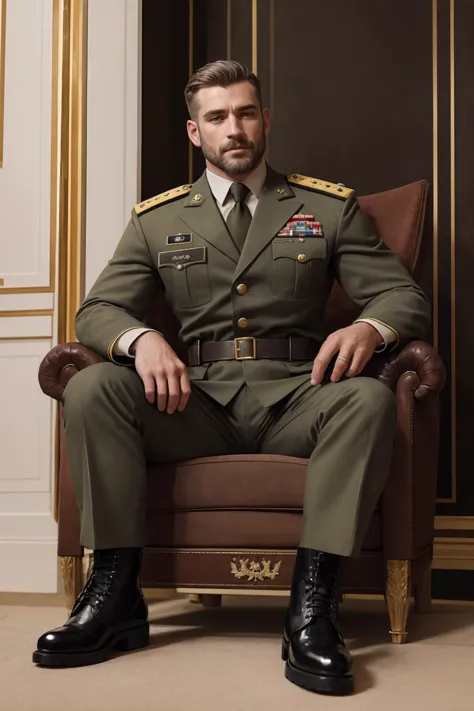 full body portrait of a handsome general,sitting on the chair,luxury hall,military formal suit,black military boots,mature,manly...