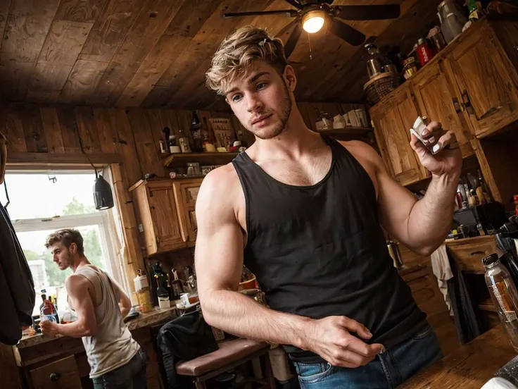 there is a man standing in a kitchen holding a bottle of beer