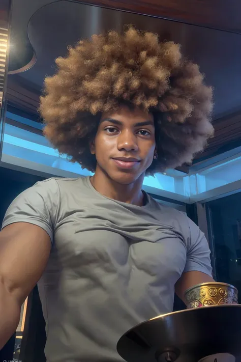 there is a man with a big afro standing in a kitchen