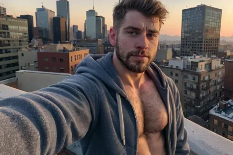 hyper realistic candid photo of a 24yo redneck male, average, (looking at camera:1.3), rooftop, analog style, masterpiece, pubic hair, offended, short hair, slightly hairy chest, zip-up hoodie, selfie