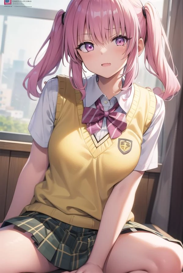 nanadeviluke,  asta deviluke, fang, long hair, (pink eyes:1.5), pink hair, tail, twintails, (flat chest:1.2),
BREAK green skirt, plaid, plaid skirt, sainan high school uniform, , skirt, shirt, white shirt, sweater vest, (yellow sweater vest:1.5), short sleeves,
BREAK looking at viewer,
BREAK indoors, classroom,
BREAK (masterpiece:1.2), best quality, high resolution, unity 8k wallpaper, (illustration:0.8), (beautiful detailed eyes:1.6), extremely detailed face, perfect lighting, extremely detailed CG, (perfect hands, perfect anatomy),