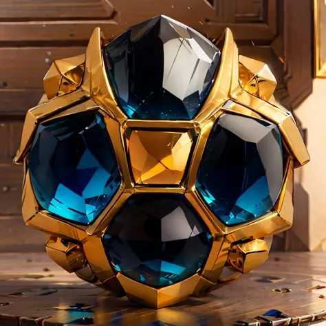 there is a gold and blue ball with blue crystals on it