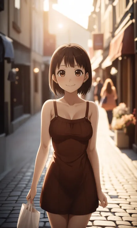 a woman in a brown dress walking down a street