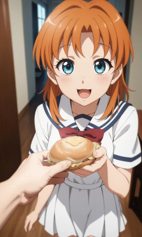 anime girl holding a hamburger in her hands and smiling