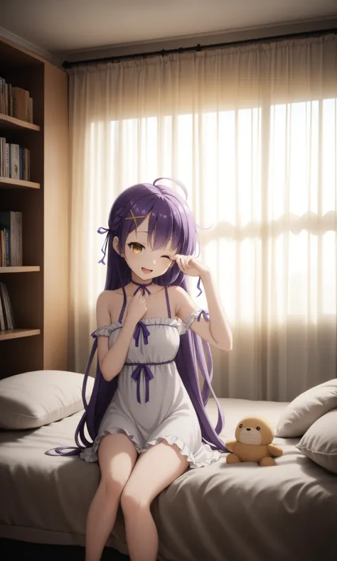 anime girl sitting on a bed with a teddy bear