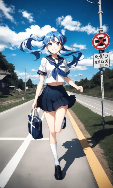 anime art style,masterpiece,best quality,Film grain,
1girl,skirt,long hair,road sign,sign,school uniform,railroad crossing,sky,solo,bag,very long hair,black skirt,socks,outdoors,shirt,black footwear,pleated skirt,white shirt,blue hair,serafuku,shoes,short sleeves,white socks,twintails,blue sky,neckerchief,blue eyes,cloud,sailor collar,day,holding,smile,midriff,road,floating hair,running,school bag,paper,black sailor collar,dated,full body,