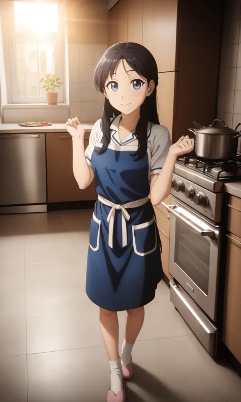 anime girl in blue apron standing in kitchen with pot and pan