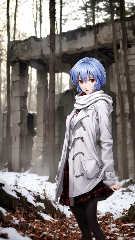 anime art style,masterpiece,best quality,
1girl,solo,ayanami rei,ruins,blue hair,coat,red eyes,skirt,plaid,hood,short hair,pantyhose,standing,plaid skirt,hood up,white coat,
outdoors,forest,sunshine,
looking at viewer,signature,long sleeves,scarf,hair between eyes,hooded coat,
bangs,open coat,parted lips,,<lora:Sadamoto Yoshiyuki_XL_V3:1.8>