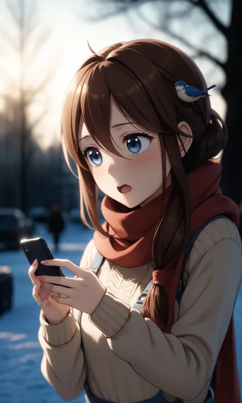 anime girl with brown hair and scarf looking at her cell phone