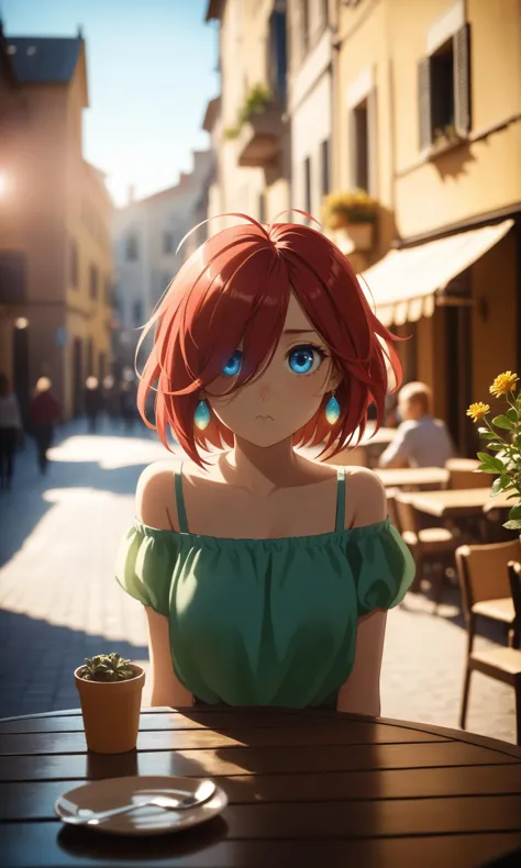 anime art style,amazing quality,masterpiece,best quality,awesome,inspiring,cinematic composition,soft shadows,Film grain,highly detailed,high budget,cinemascope,epic,color graded cinematic,atmospheric lighting,imperfections,natural,
1girl,solo,heterochromia,yellow eye,sky-blue eye covered by hair,glowing eyes,(red hair, short hair, messy hair, hair over eye, ahoge),hairclip,detailed hands,expressive eyes,(pout),outdoor café,sunny day,clear blue sky,green off-shoulder top,abstract patterns,delicate earrings,café table,colorful dishes,italian food,bustling street,people walking,background blur,depth,potted plants,cozy atmosphere,lively setting,soft shadows,sunlight highlights,bright colors,lively palette,warm realism,pleasant day,