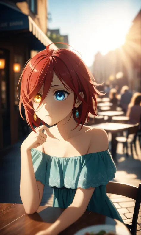 anime girl with red hair sitting at a table with a plate of food