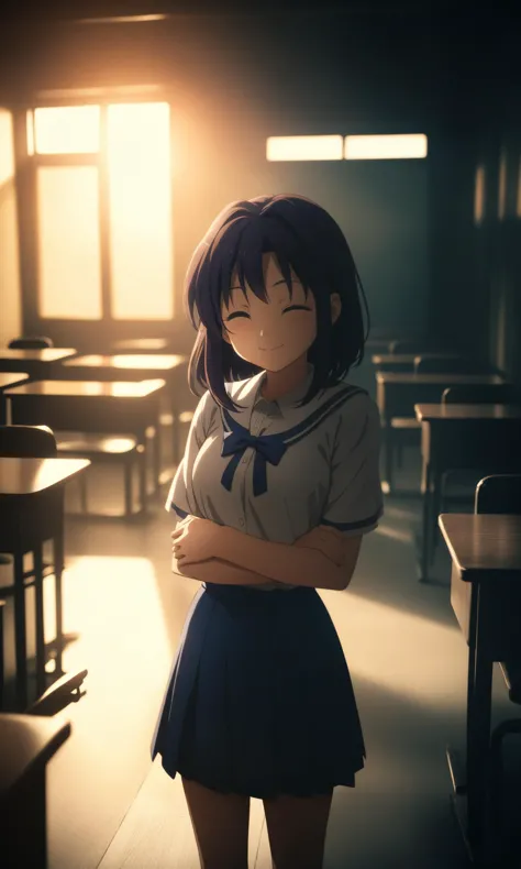 anime girl in a school uniform standing in a classroom